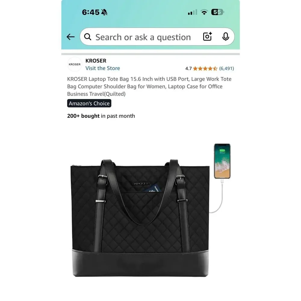Kroser Laptop Work Tote Travel Bag Black Water Repellent Interior Pockets